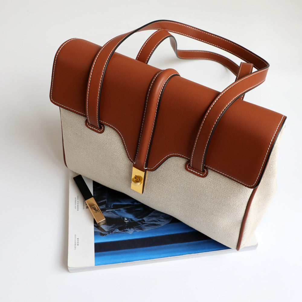 Genuine Leather Shoulder Bag With Canvas Lock Design Tote Bag