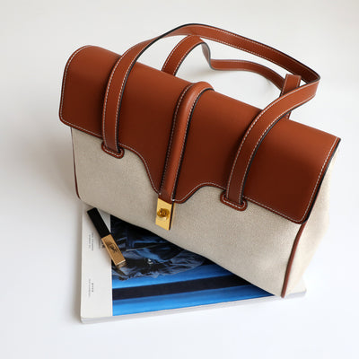Genuine Leather Shoulder Bag With Canvas Lock Design Tote Bag