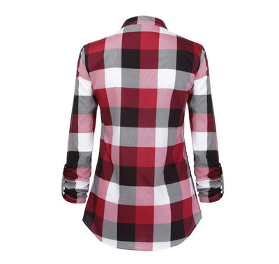 Plaid Button V-neck Printed Shirt Top