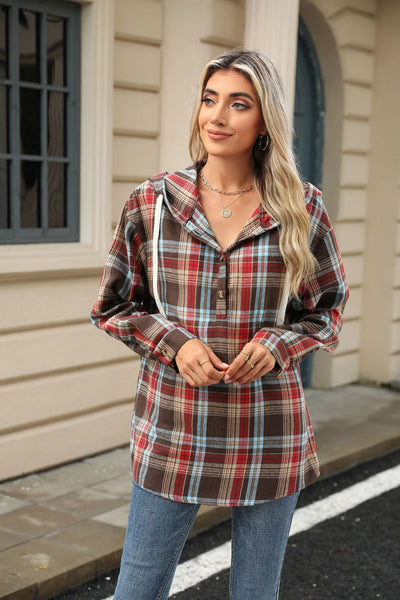 Plaid  Hooded Sweatshirt With Button Loose Long Sleeve Hoodies Women Clothing