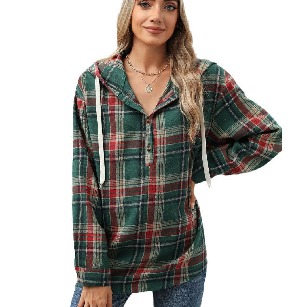 Plaid  Hooded Sweatshirt With Button Loose Long Sleeve Hoodies Women Clothing