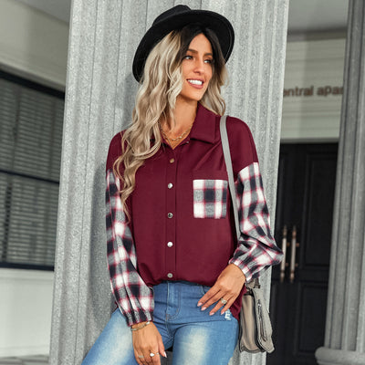 Women's Plaid Patchwork Top Fashion Lapel Loose Shirt