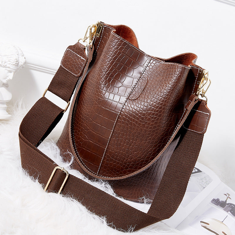 Vegan Leather Wide Shoulder Strap  Shoulder Bag Bucket Bag Crossbody Bag