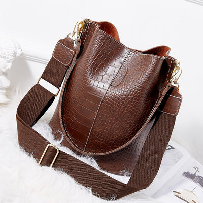Vegan Leather Wide Shoulder Strap  Shoulder Bag Bucket Bag Crossbody Bag