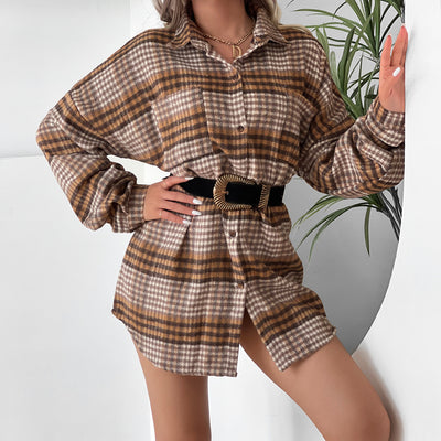 Plaid Shirt Lapel Doll Sleeve Top Dress