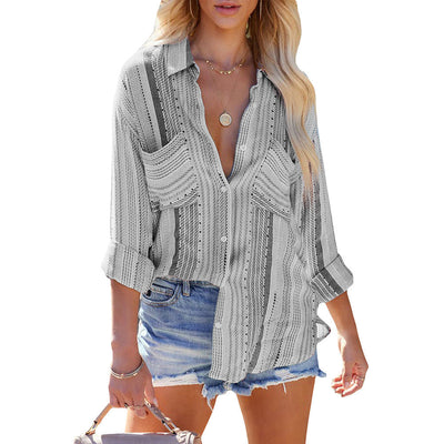 Striped Long Sleeve Top Women Lapel Single Breasted Contrast Color Shirt