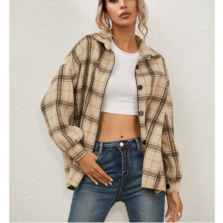 Cozy Long-sleeved Plaid Jacket Shirt Top