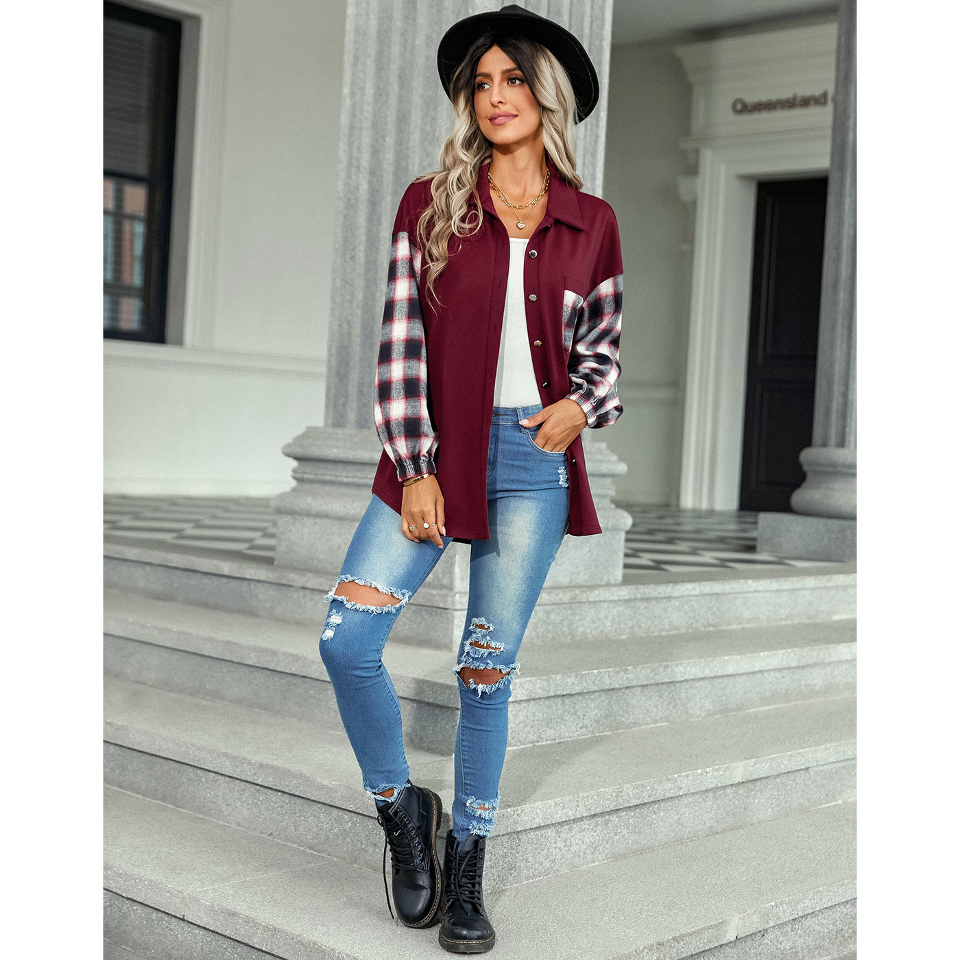 Women's Plaid Patchwork Top Fashion Lapel Loose Shirt