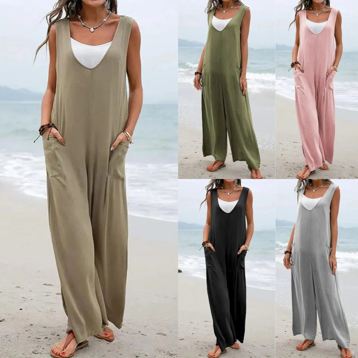 Fashion Jumpsuit V-neck  Wide Leg Trousers For Women