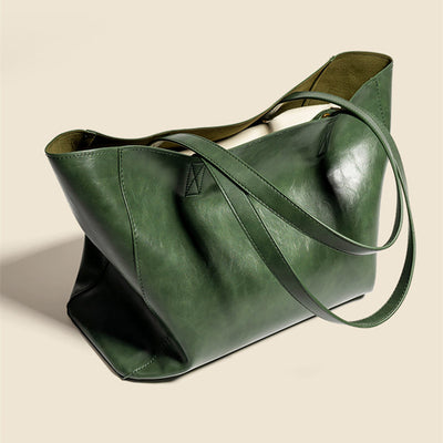 Dark Green Tote Oil Wax Soft Vegan Leather Women's Bag