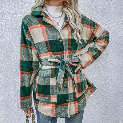 Mid Length Plaid Top With Loose Long Sleeves