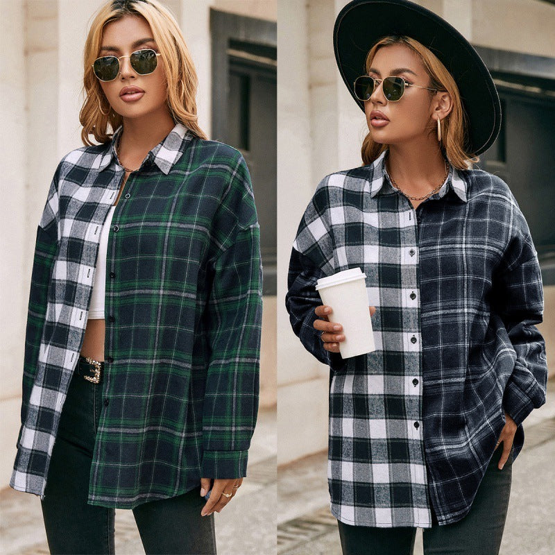 Single-breasted Plaid Shirt Plaid Color-blocking Shirt Jacket Top Women