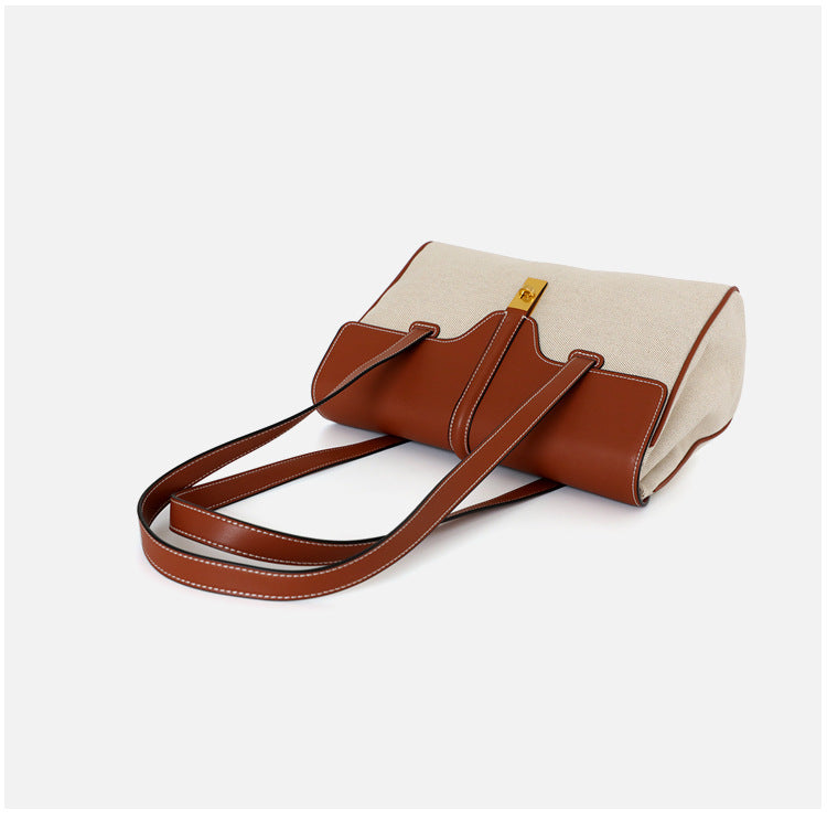 Genuine Leather Shoulder Bag With Canvas Lock Design Tote Bag