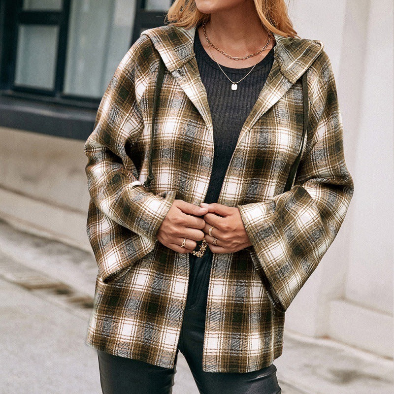 Casual Hooded Cardigan Plaid Shirt Loose Plaid Trench Coat Top