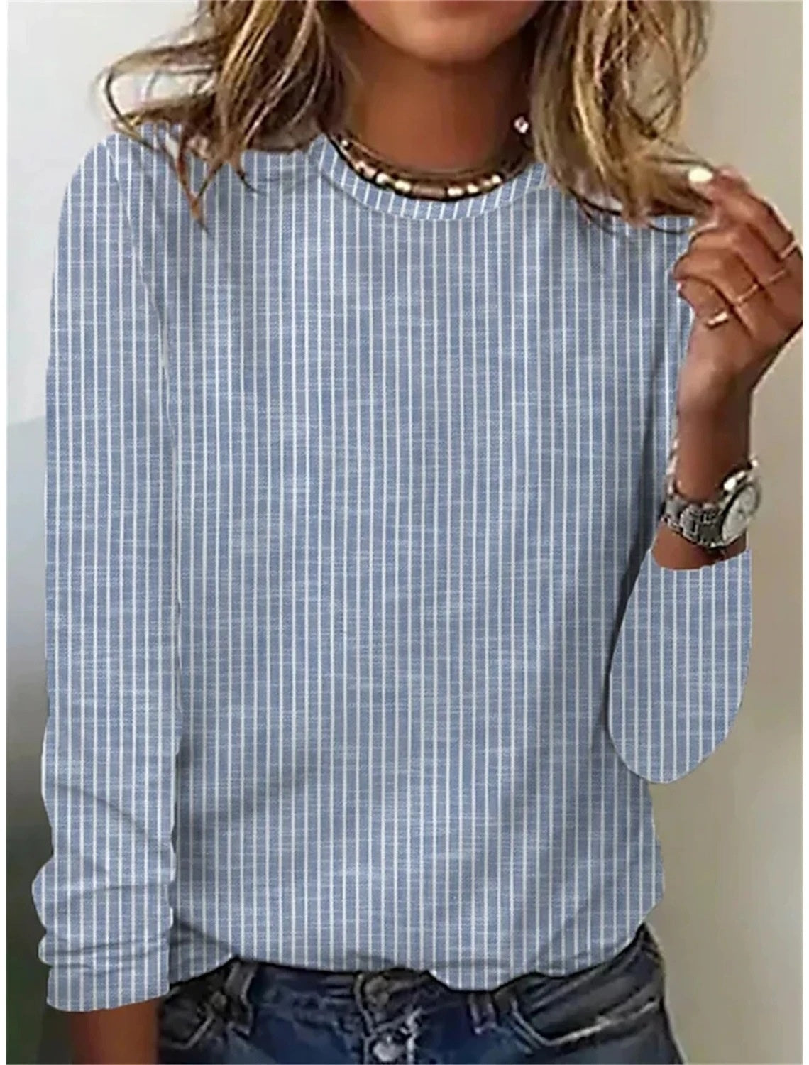 Loose Solid Color Striped Round Neck T-shirt For Women