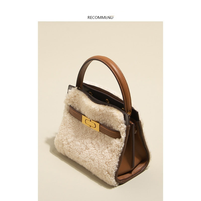 Genuine Leather Bag Lamb Wool  Winter  Tote Bag Shoulder Bag CrossBody