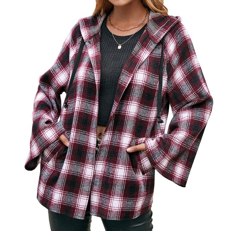 Casual Hooded Cardigan Plaid Shirt Loose Plaid Trench Coat Top