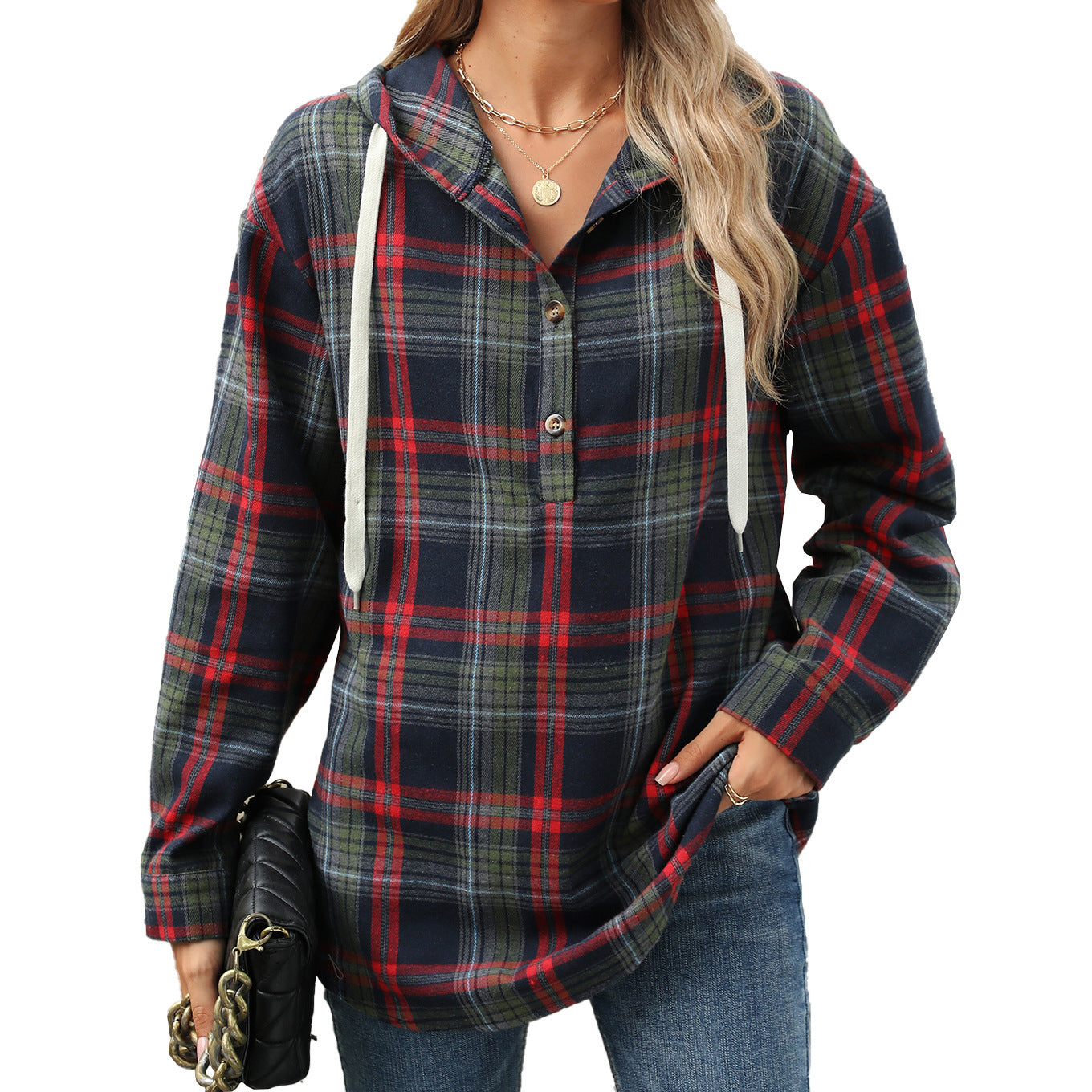 Plaid  Hooded Sweatshirt With Button Loose Long Sleeve Hoodies Women Clothing