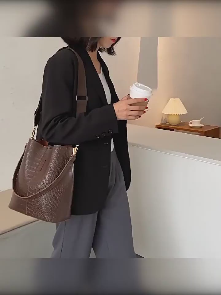 Vegan Leather Shoulder Bag - Wide Shoulder Strap Bucket Crossbody Bag