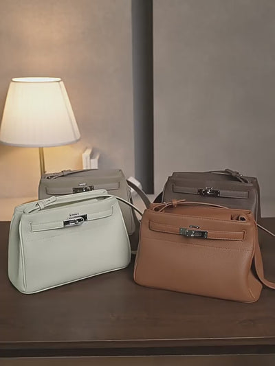 Lock Design Leather Bag - Genuine Leather Shoulder Crossbody Tote Bag