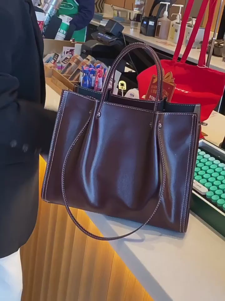 Genuine Leather Shoulder Bag - Large Capacity Tote Bag