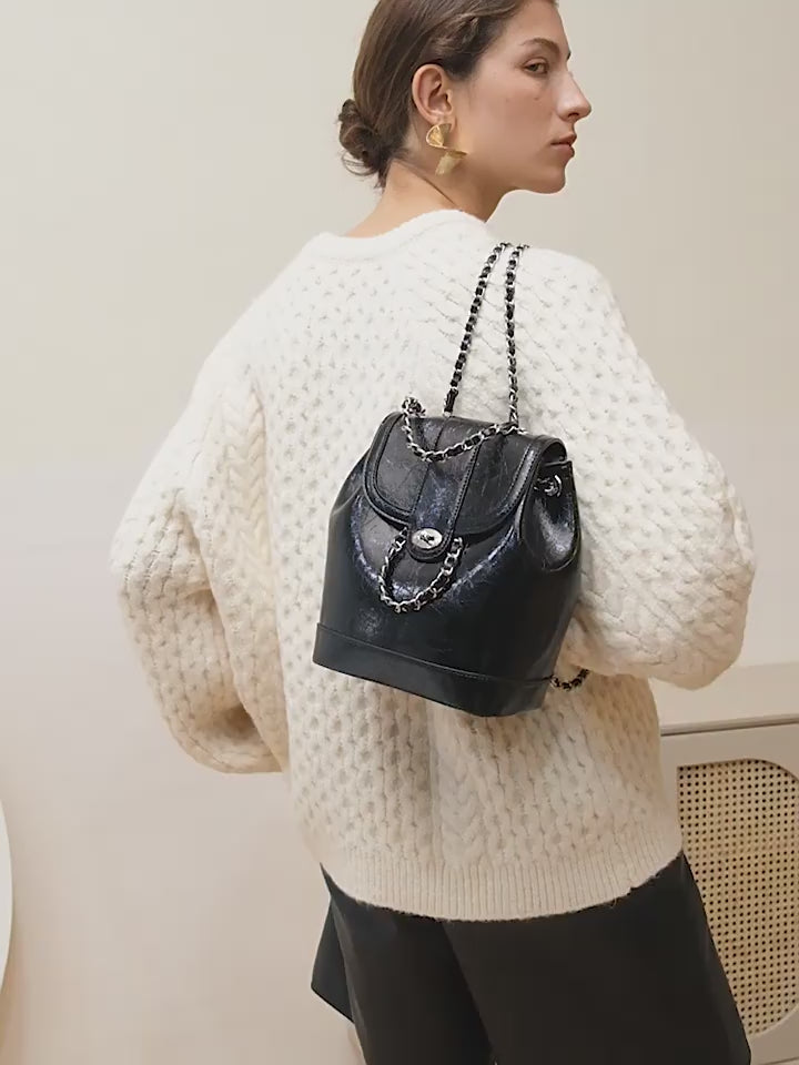 Vegan Leather Backpack Chain One Shoulder Bucket Bag
